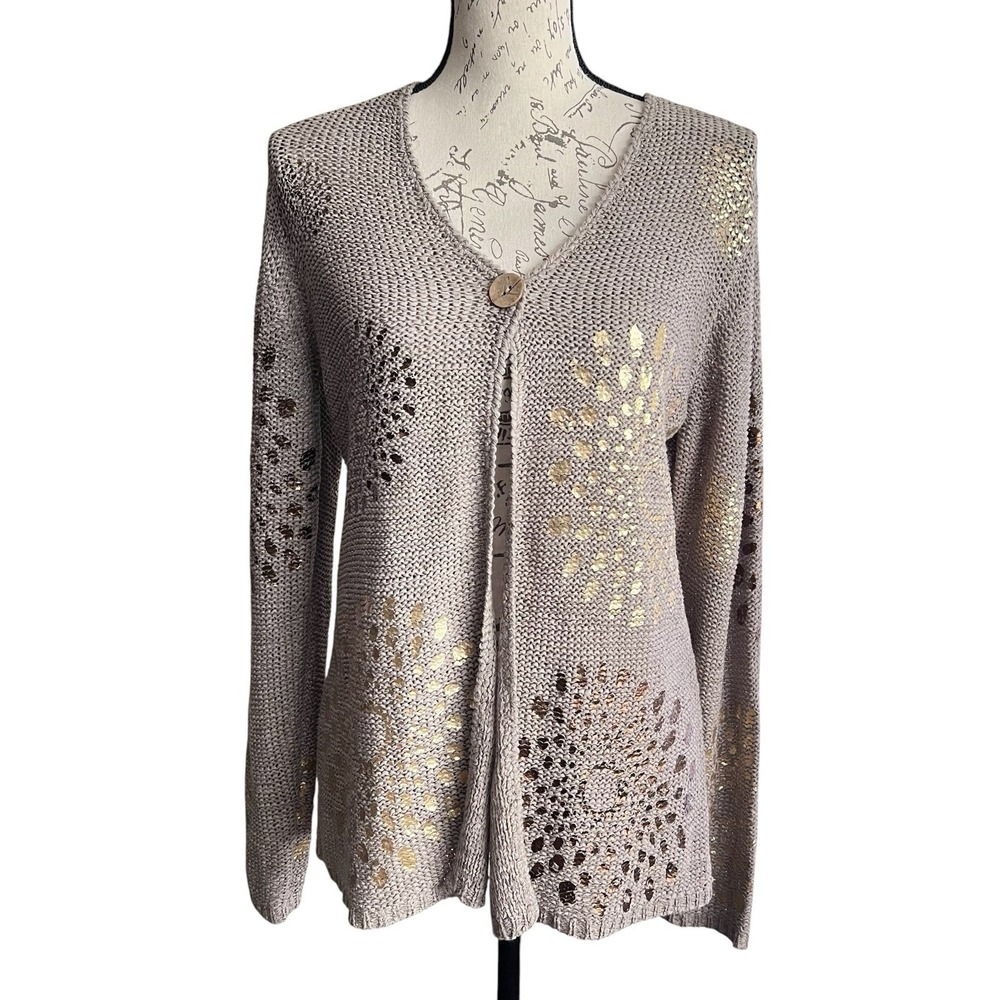 Chico's Golden Splash Cardigan 2 (12/14-L) Taupe Metallic Boho Festival Hippie